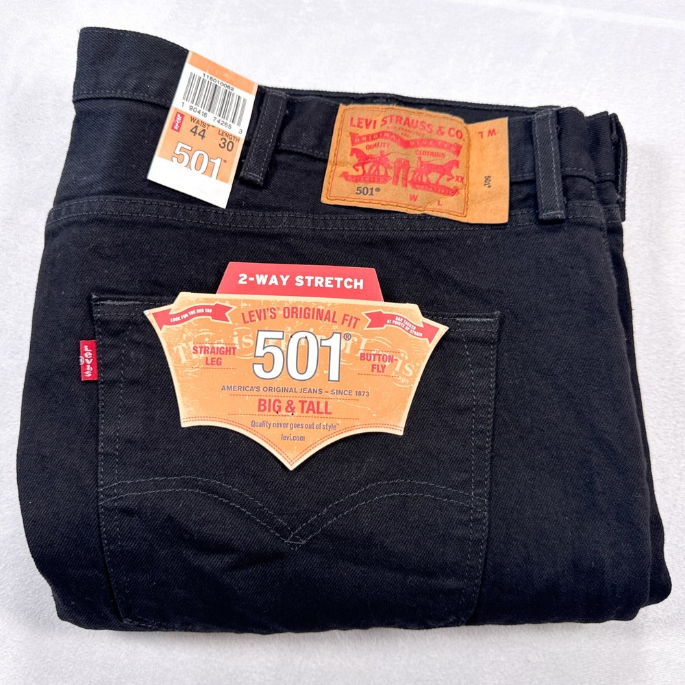 NWT LEVI'S Men's 44x30 Black 501 2-Way Stretch Button Fly Straight Leg‎ Jeans